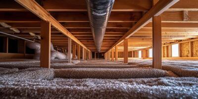 Take a closer look at a meticulously organized and wellstructured basement crawl space, featuring essential plumbing systems, quality insulation, and sturdy wooden beams for support and stability photo