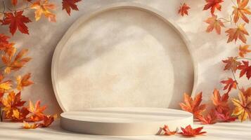 An elegantly designed empty podium is set against a warm beige stone wall adorned with vibrant autumn leaves, creating a refined ambiance perfect for showcasing seasonal products and marketing photo