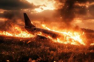 A chaotic scene depicting a devastating airplane crash engulfed in intense flames, thick smoke billowing into the sky, and pieces of debris scattered haphazardly across an open field nearby photo