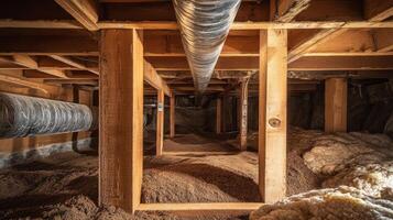 This image shows a detailed view of a homes understructure, highlighting components like wooden beams, insulation layers, and essential plumbing systems for everyday functionality photo