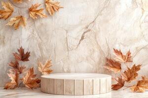 An empty podium stands against a warm beige stone wall, adorned with vibrant autumn leaves, creating an inviting backdrop for showcasing seasonal products or captivating presentations photo