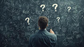 A man reflects on his complex business plan, encountering various questions and challenges illustrated on a messy blackboard filled with scribbles and uncertainty about his ideas and goals photo