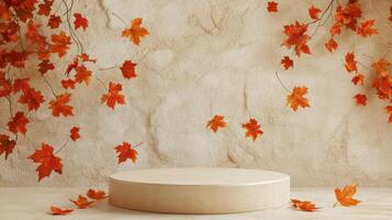 An elegant podium in front of a textured beige stone wall adorned with colorful autumn leaves creates an inviting setting for showcasing seasonal products that reflect falls beauty photo
