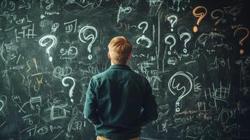 A man thoughtfully stands before a blackboard filled with question marks and scribbles, deeply analyzing and contemplating the intricate details of his business plan with intense focus photo