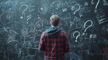 A determined man reviews his complex business plan on a blackboard filled with questions and ideas, showcasing the challenges of innovation and problemsolving in entrepreneurship photo