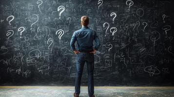 A man stands thoughtfully in front of a large blackboard that is covered with question marks and various scribbles, intensely reflecting on his business plan and the challenges that lie ahead photo