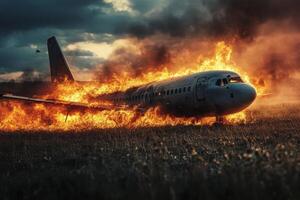 An aircraft was engulfed in flames following a crash landing, vividly illustrating a chaotic scene of destruction and emergency response teams working amid the scattered debris and billowing smoke photo