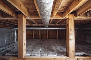 A detailed closeup of a basement reveals essential hidden plumbing lines and key architectural elements that are absolutely vital for the overall integrity, structure, and insulation of the building photo
