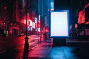 Imagine a large empty billboard with glowing neon lights on a deserted street surrounded by colorful advertisements and illuminated buildings, enhancing the vibrant nightlife atmosphere photo