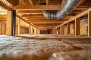 An intricate view showcasing beams, insulation, and plumbing within a crawl space, which highlights the essential structures and utility systems crucial to the overall design of home architecture photo