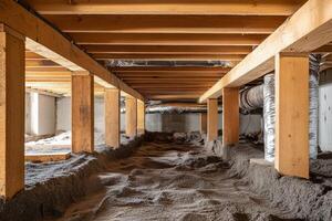 The interior crawl space view displays wooden beams, foam insulation, and plumbing systems, highlighting essential construction elements and utilities for building maintenance and functionality photo