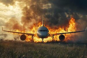 An aircraft experiences catastrophic failure during an emergency landing, engulfed in flames and smoke. Chaos ensues, leaving devastation and sorrow as many process the aftermath of this tragedy photo