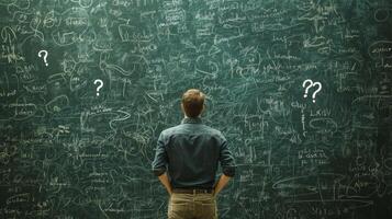 A man stands deep in thought, contemplating a blackboard intricately covered with complex scribbles and detailed diagrams as he carefully examines his evolving business strategy and future direction photo