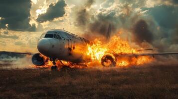 A tense and dramatic scene unfolds as an aircraft burns fiercely in a vast field, showcasing the utter chaos of a catastrophic accident and the urgent need for immediate emergency services response photo