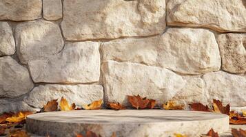 An empty podium standing against a warm beige wall and surrounded by vibrant autumn leaves creates the perfect backdrop for showcasing seasonal products effectively and drawing in customer interest photo