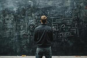 A man stands before a large blackboard that is completely filled with question marks and various scribbles, deep in thought as he diligently crafts his detailed business plan and ideas for the future photo