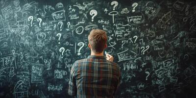 A man faces a chaotic blackboard filled with question marks and scribbles, symbolizing his struggle to clarify and effectively unravel the complexities of his intricate business plan photo