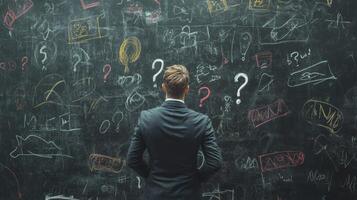 A man stands before a blackboard covered in question marks and scribbles, symbolizing the complexities he faces while refining his business plan and seeking clarity amid confusion photo