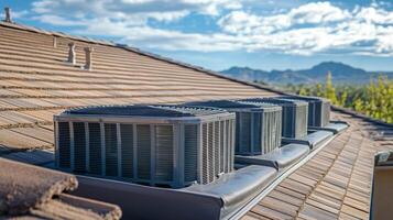 A modern rooftop features an advanced HVAC system with ducting technology, ensuring efficient heating and cooling for homes while optimizing energy efficiency and occupant comfort photo
