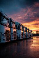 In the early morning light, a fleet of brightly lit trucks is positioned for crucial cargo transport and logistics, ensuring efficiency and timely deliveries across various routes photo
