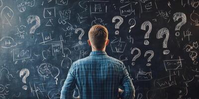 A man thoughtfully stands before a chalkboard filled with question marks and scribbles, contemplating his business plan and various strategies for achieving success in his entrepreneurial journey photo