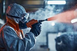 A skilled technician in protective gear uses a spray gun to apply industrial paint to machinery in a busy workshop, ensuring quality finishing and effective corrosion control for enhanced durability photo