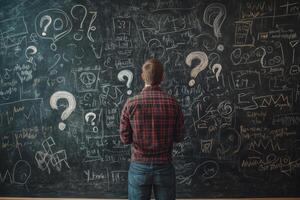 A focused man stands before a large blackboard that is completely filled with numerous questions and intriguing ideas, reflecting deeply on his business plan amidst the chaotic scribbles of thoughts photo