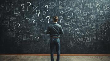 A man, immersed in thought about his business plan, is surrounded by chaotic scribbles and question marks on a blackboard, reflecting the complexities and challenges of entrepreneurship photo