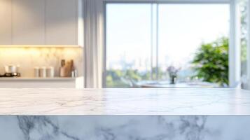 This stunning contemporary kitchen features a sleek marble countertop and inviting lighting, set against a blurred backdrop of lush greenery, perfect for modern living and effortless cooking photo