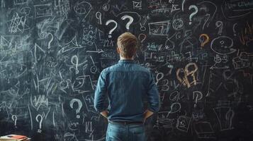 A man reflects on a complex business plan, surrounded by question marks and scattered notes on a blackboard, seeking clarity in his innovative ideas and strategic vision for future success photo