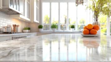 This stylish kitchen features a stunning marble bench, a bright and vibrant ambiance, and a bowl filled with fresh oranges, all contributing to a warm and inviting atmosphere that feels refreshing photo