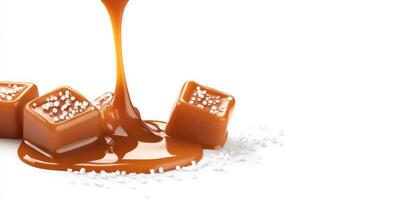 Indulge in chewy salted caramel candies, topped with sparkling salt and rich syrup. Perfect for dessert or a quick snack, their delightful flavor and texture make them utterly irresistible photo