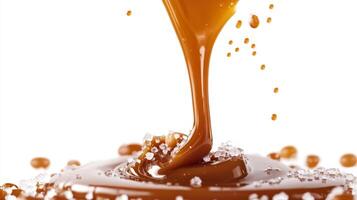Irresistibly delicious salted caramel sauce elegantly flowing over colorful candy, making it the perfect addition to various desserts and sweet recipes that everyone will adore and enjoy photo