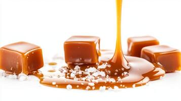 These delicious salted caramel cubes boast a luxuriously creamy texture and a flowing golden sauce, making them the perfect addition to both elaborate desserts and simple sweet treats alike photo