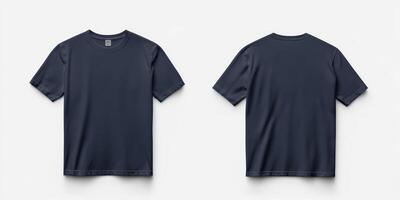 This realistic mockup features a simple and plain navy blue tshirt template that showcases both the front and back views of the shirt, making it ideal for various casual fashion design purposes photo