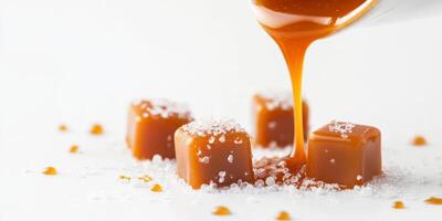 Enjoy rich and chewy salted caramel cubes served with a sumptuous sauce, perfect for a sweet treat. This elegant dessert stands out against a pristine white background, enhancing its allure photo