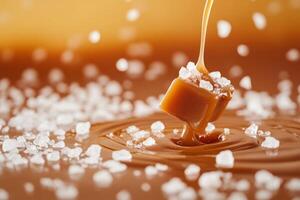 Indulge in the delightful sweetness of caramel cubes as they gracefully fall into a pool of rich syrup, exquisitely adorned with a sprinkle of sea salt, creating a truly delightful dessert experience photo
