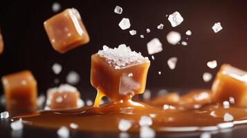 Indulge in these exquisite and delightful salted caramel candy cubes, elegantly levitating atop a pool of luscious syrup, making them a perfect choice for all dessert lovers to enjoy and savor photo