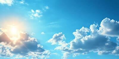A serene and captivating view of an endlessly bright blue sky adorned with fluffy white clouds and uplifting rays of sunlight, creating a truly peaceful and picturesque atmosphere that inspires awe photo