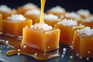 Enjoy sweet and salty caramel cubes topped with sparkling crystals and drizzled with rich syrup. They are the perfect dessert for any occasion, adding sweetness and joy to your celebrations photo