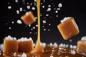 This stunning capture features colorful caramel cubes arranged with decadent molten sauce and a sprinkle of salt, showcasing the exquisite art of gourmet dessert creation at its finest photo