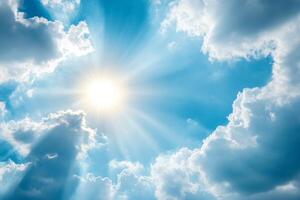A serene blue sky, brilliantly illuminated by the sunlight breaking through fluffy and white clouds, creates a truly peaceful atmosphere that invites deep appreciation and admiration from onlookers photo