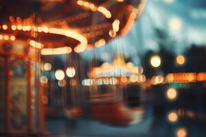 Imagine a whimsical scene with a blurred background of an enchanting amusement park carousel, illuminated by twinkling bokeh lights, evoking the charm of delightful evening festivities photo