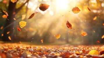 An enchanting autumn scene showcases vibrant orange and yellow leaves floating in warm sunlight, creating a serene landscape that captivates the heart and soul of all who behold it photo