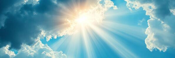 A breathtakingly stunning view showcases endless azure blue skies adorned with fluffy, white clouds, radiating warmth and profound tranquility under the uplifting embrace of bright, cheerful sunshine photo