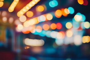 A defocused background with colorful bokeh lights from a charming carousel captures the magical essence of an amusement park at twilight, creating a scene of excitement and joy for all ages photo