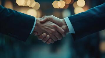 In this closeup photo, two businessmen shake hands, symbolizing partnership and collaboration, reflecting their trust and commitment to succeed together in a growthoriented environment photo