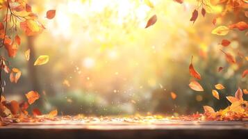 A picturesque autumn scene showcases an abundance of vibrant orange and yellow leaves, beautifully illuminated by soft sunlight, creating an atmosphere that is both serene and incredibly peaceful photo