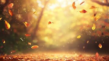 A picturesque autumn park filled with an array of vibrant orange and yellow leaves gently falling, capturing the true essence of natures seasonal beauty set against a bright sunny backdrop photo