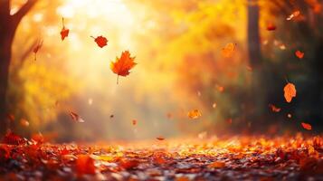 un encantador otoño parque es lleno con vibrante naranja y rojo hojas arremolinándose suavemente en el brisa debajo un brillante soleado cielo, creando un sereno y pintoresco paisaje ese invita tranquilidad foto